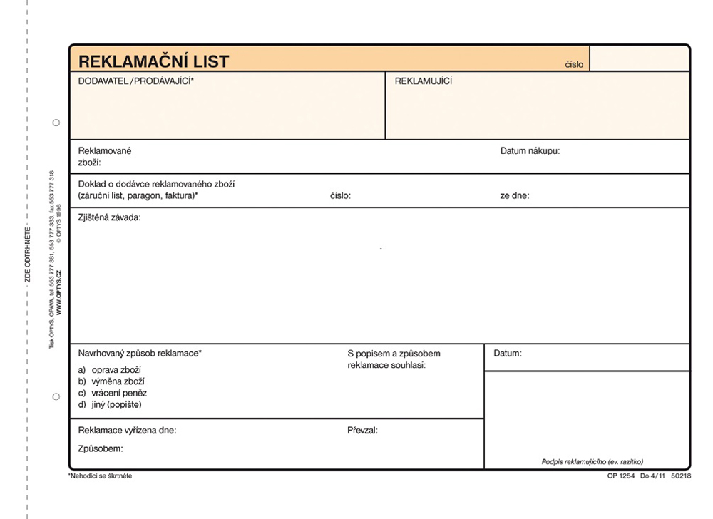 1254 Reklamační list A5/100l NCR