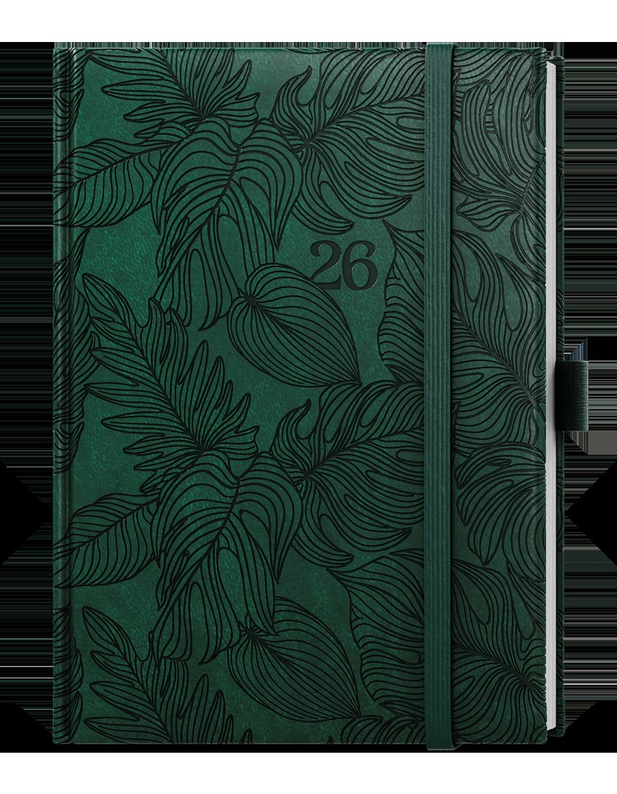 *B26  BDA62-18-26  Denní diář - Adam - Vivella extra - B6 - tmavě zelená - Tropik , gumička + poutko tmavě zelené