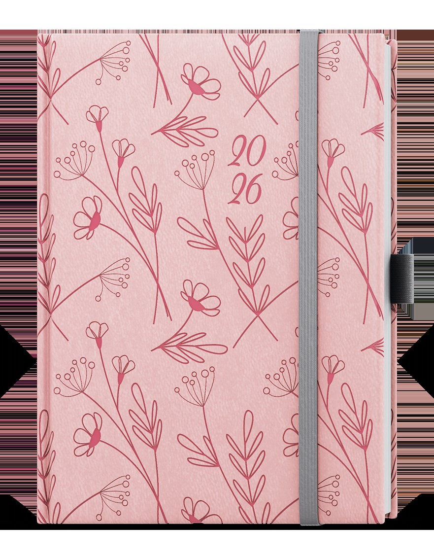 *B26  BDA62-20-26  Denní diář - Adam - Vivella extra - B6 - pastelová růžová - Kvítí , gumička + poutko šedé