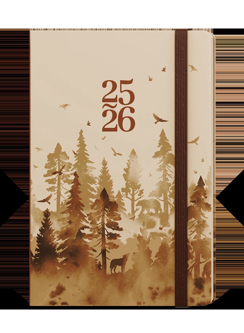 *B26  BLU9-4-26  18měsíční týdenní diář - Lungo - B6 - Les , parciální lak, gumička hnědá