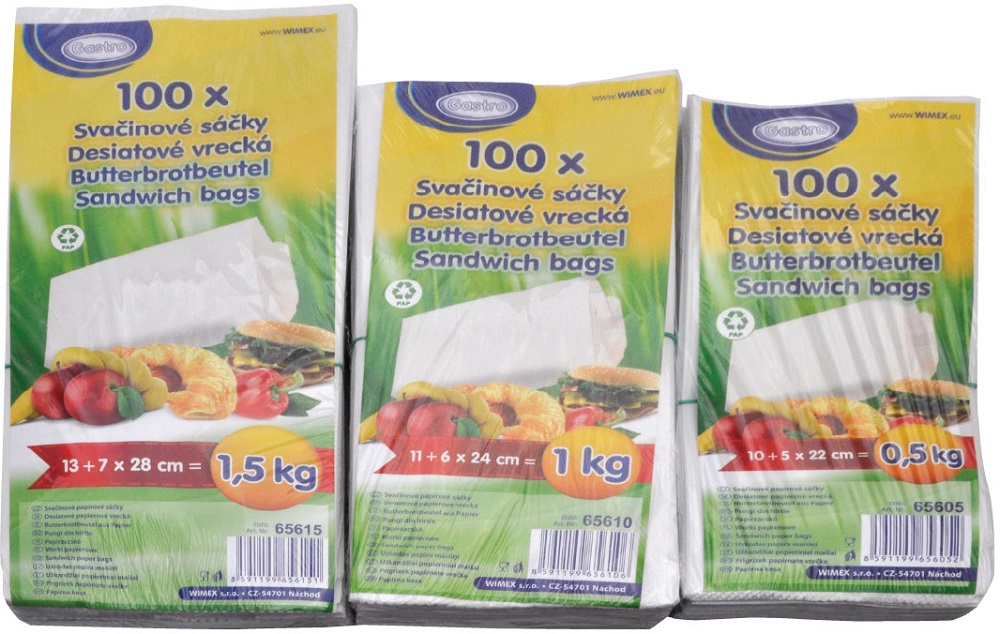 Svačinové papírové sáčky 1kg (11+6x24cm)/100ks bílé   65610